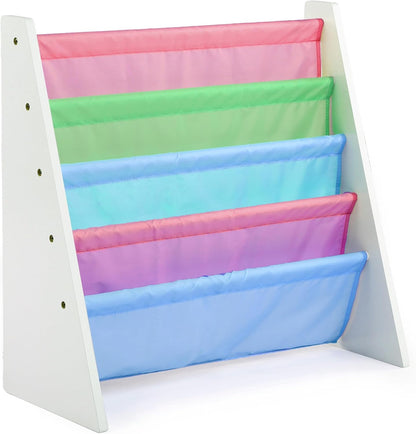 4-Tier Humble Crew Kids Bookshelf, White Wood/Pastels - Premium Book Shelf for Kids Rooms with Four Deep Pockets