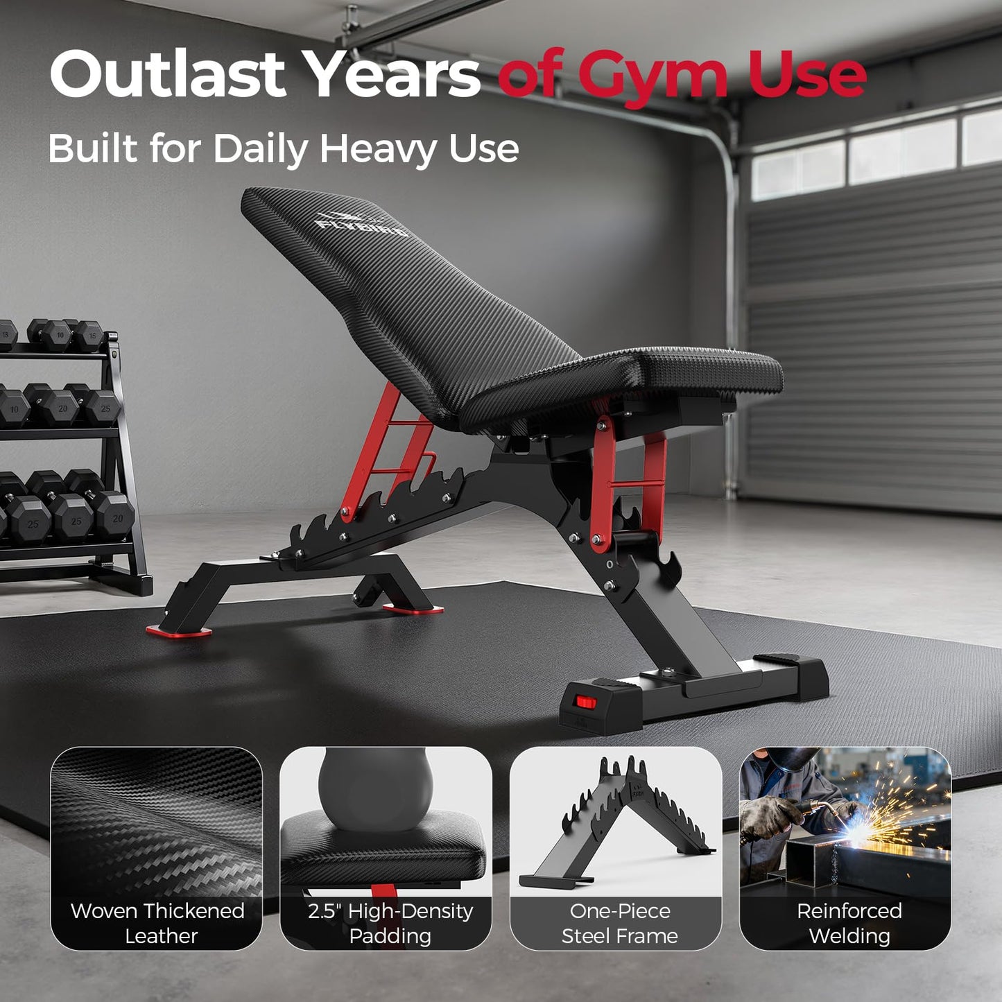 FLYBIRD WB7 Weight Bench, Commercial Grade Adjustable Weight Bench - 1300LBS Workout Bench for Home Gym, Flat Incline Bench Press Heavy Duty Bench with 34'' Extra-Long Backrest and Easy-Roll Wheels