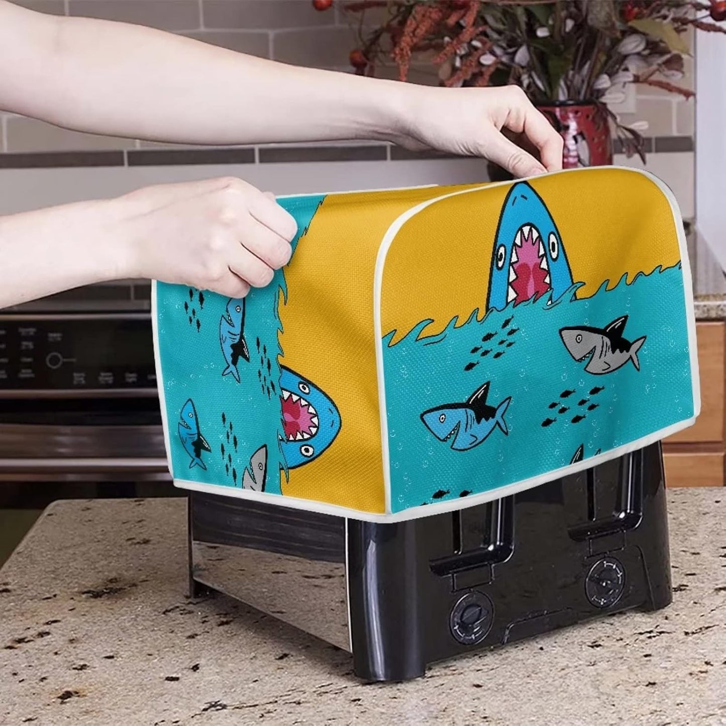Sharks Toaster Cover for 2 Slice, Dust and Fingerprint Protection for Most 2 Slice Long Slot Toasters, Washable Kitchen