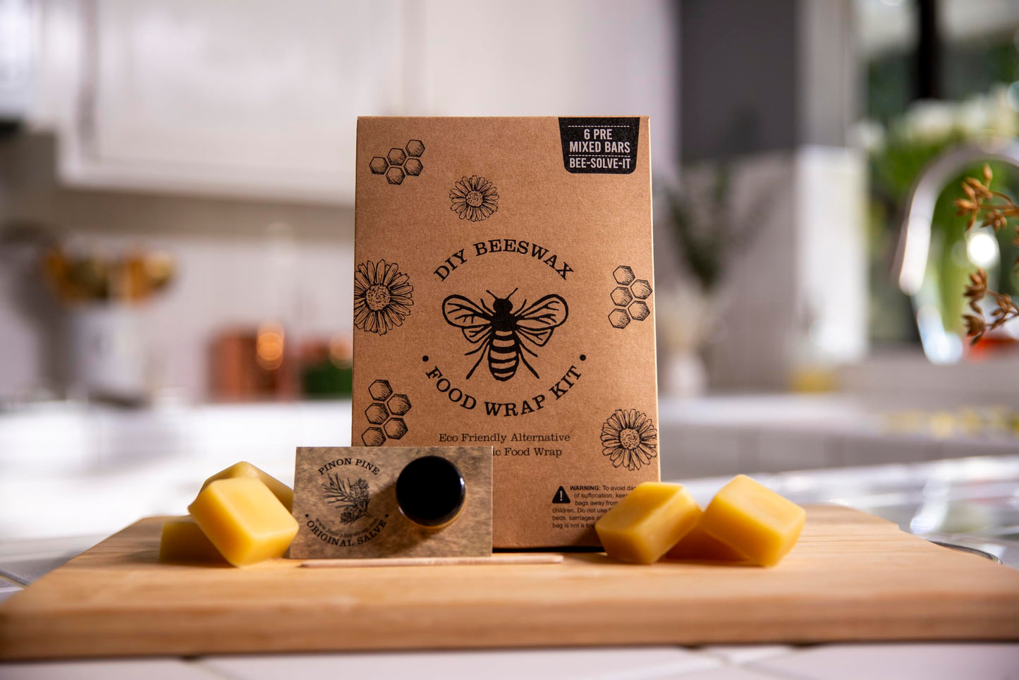 Made in USA DIY Pre Mixed Beeswax Wrap KIT- Made with Pine Resin, Beeswax & Jojoba Oil - Beeswax Wraps for Food- Make Your Own 6 Bees Wrap Sheets with 5 ml Pinon Salve for Sticky Fingers Square Shape