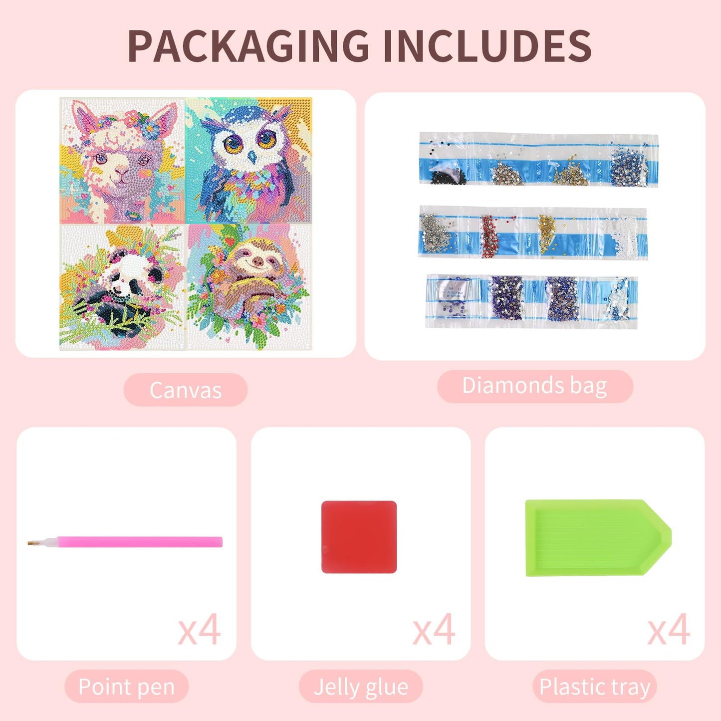 FlyingMage 5D Diamond Art Kits for Adults, Kawaii DIY Painting Art for Women, 4 Pack Cute Diamond Arts and Crafts Sets, Diamond Art Mosaic Kits,Big Gem Full Drill Diamond Dots, Alpaca Owl Panda Sloth