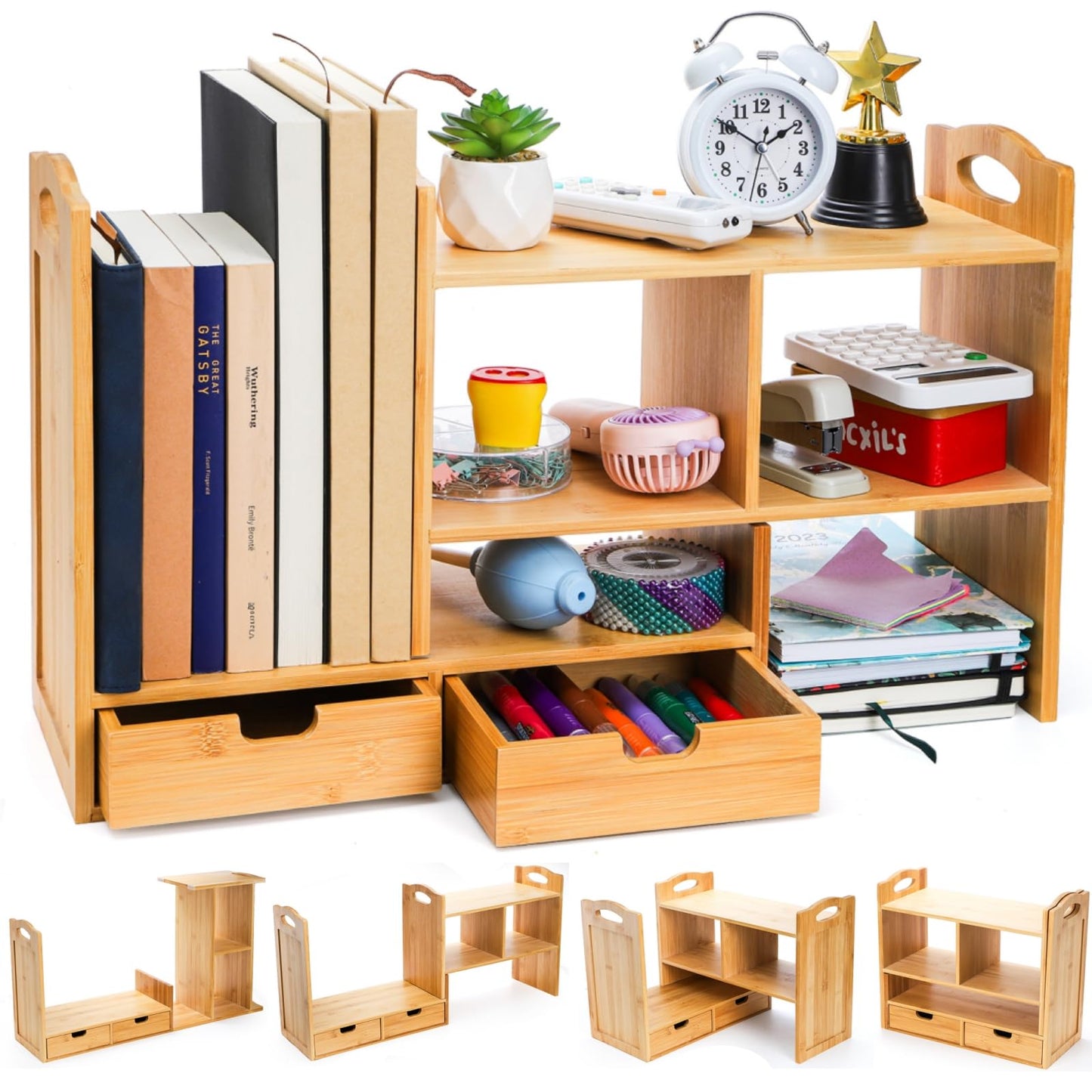 Eorbow Bamboo Desktop Bookshelf, Expandable Counter Bookcase, Storage Shelves Rack Organizer with Anti-Slip Pads, Cute Small Desk Display Cubby Top for Office Supplies, No Assembly Needed