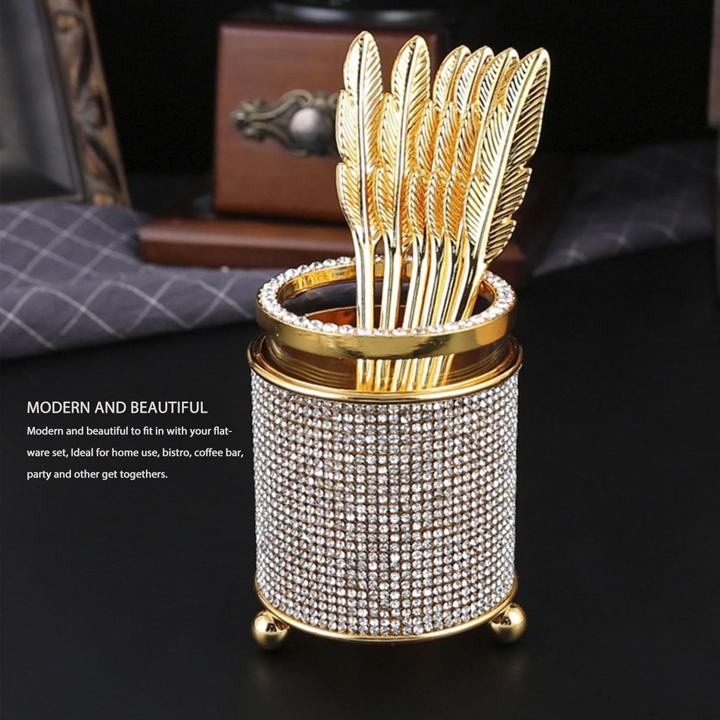 Coffee Spoons Set with Holder, Long Handle Dessert Spoons, Gold Glass Jar with 6 Metal Flatware Spoons