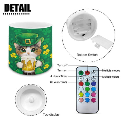 Merkmak St Patrick's Day Flameless Candles with Remote Battery Operated LED Pillar Candles with Timers Tea Lights for Party Home Living Room Decor, Cat Shamrocks Print
