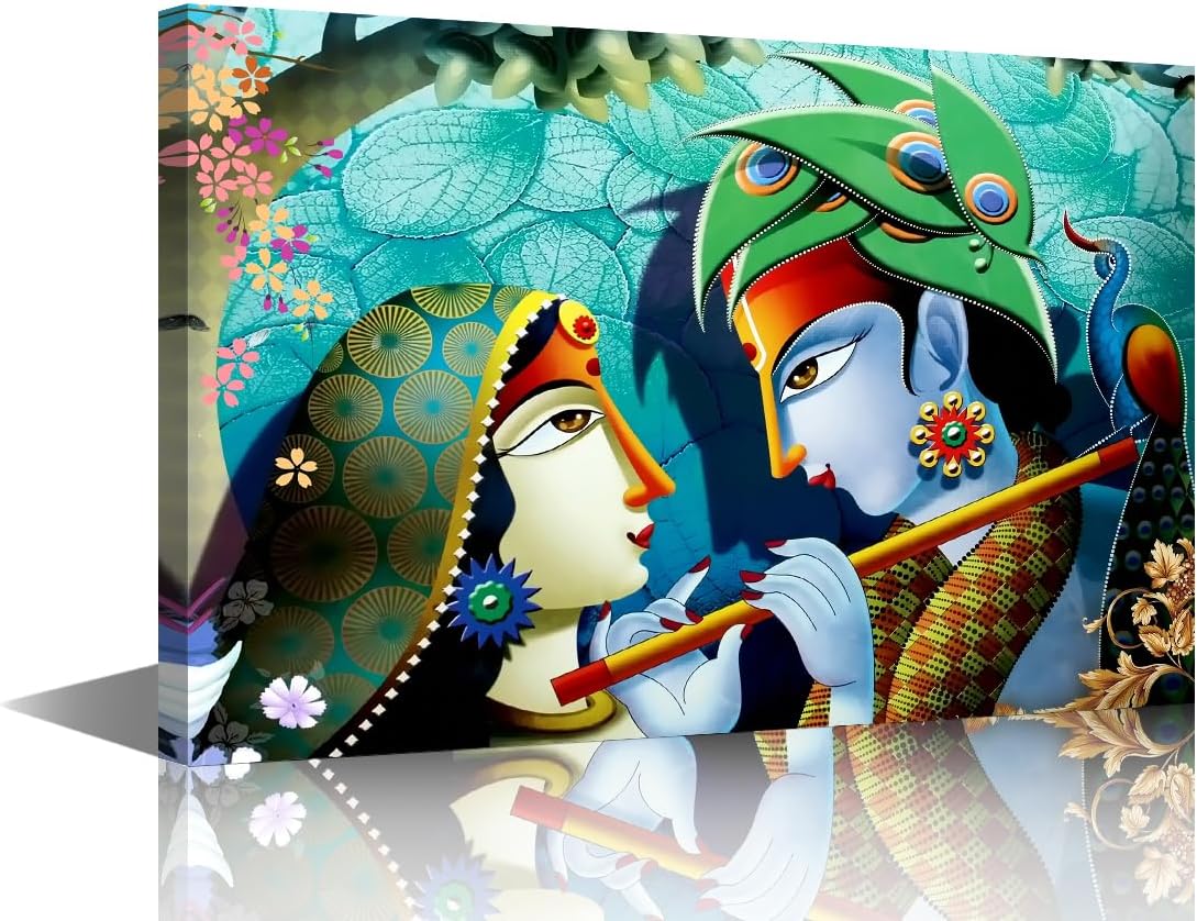 Canvas Wall Art of Lord Krishna, Retro House Decorations, Giclee Framed Stretched Ready to Hang 24"Wx16"H