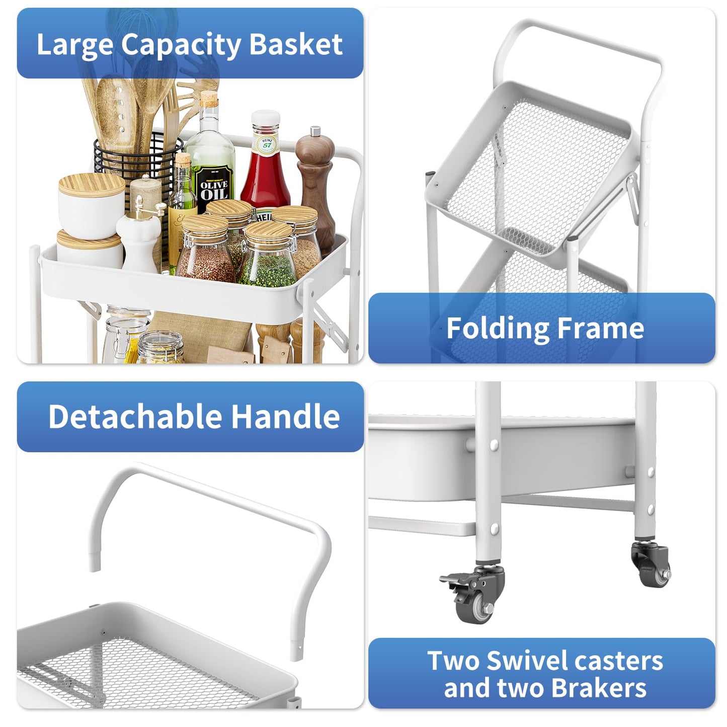 JAQ Foldable Rolling Cart, 3-Tier No Assembly Metal Utility Cart with Handle, Heavy Duty Folding Storage Trolley Organizer on Wheels for Kitchen, Office, Craft Art, Baby Diaper, Snacks, Books, White