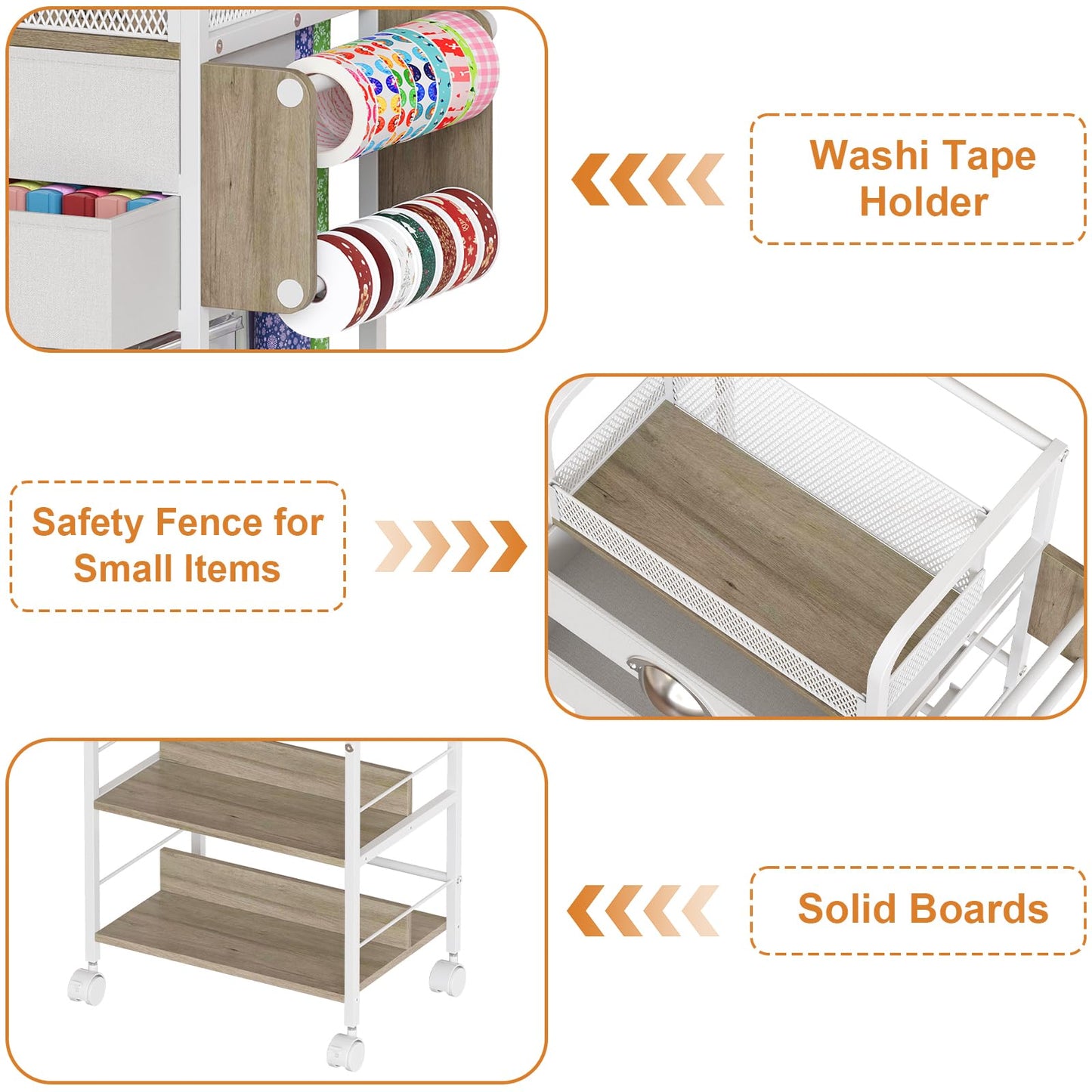 Rolling Craft Storage Cart with 2 Small Fabric Drawers & Lockable Wheels, DIY Organizer for Wrapping Paper, Paints, Brushes, Craft Supplies, Multi-Tier Craft Cart Tape Holder, 16.54x11.4x32.68 Inches