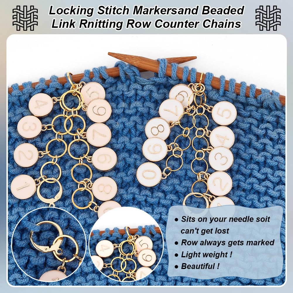 BENECREAT 5 Pcs 5 Styles Alloy Enamel Number 0~9 Knitting Row Counter Chain, Brass Link Knitting Row Counter Stitch Markers Row Counting for Knitting Weaving Sewing Accessories