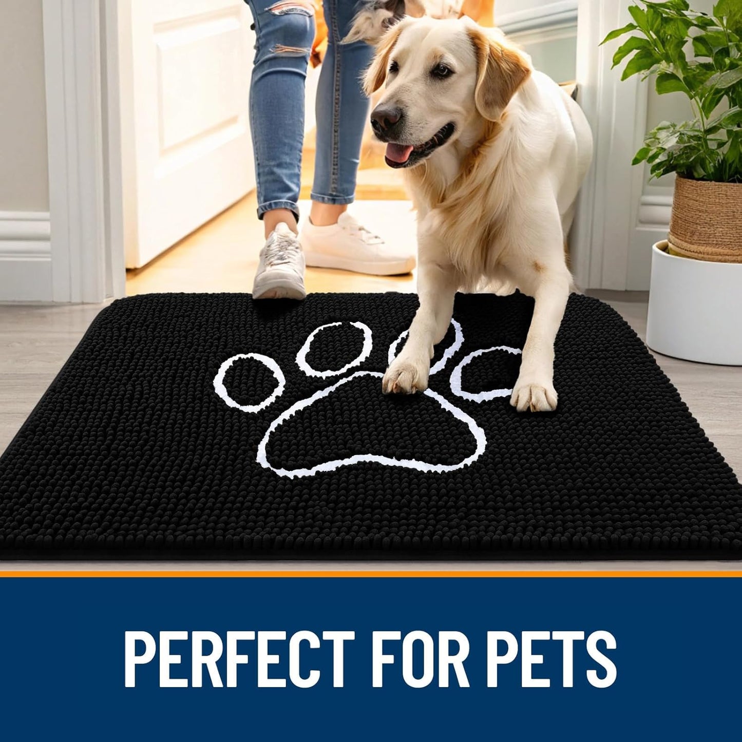 OLANLY Dog Door Mat - Absorbent Non-Slip Chenille for Muddy Paws | 70x32 Black Paw Print Design