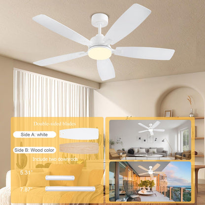NKPU White Ceiling Fans with Lights, 52 Inch Low Profile Ceiling Fan with Light and Remote/App Control, Dual-Sided Blades, Reversible, 3CCT, Dimmable, Modern Ceiling Fan for Indoor/Outdoor Patios