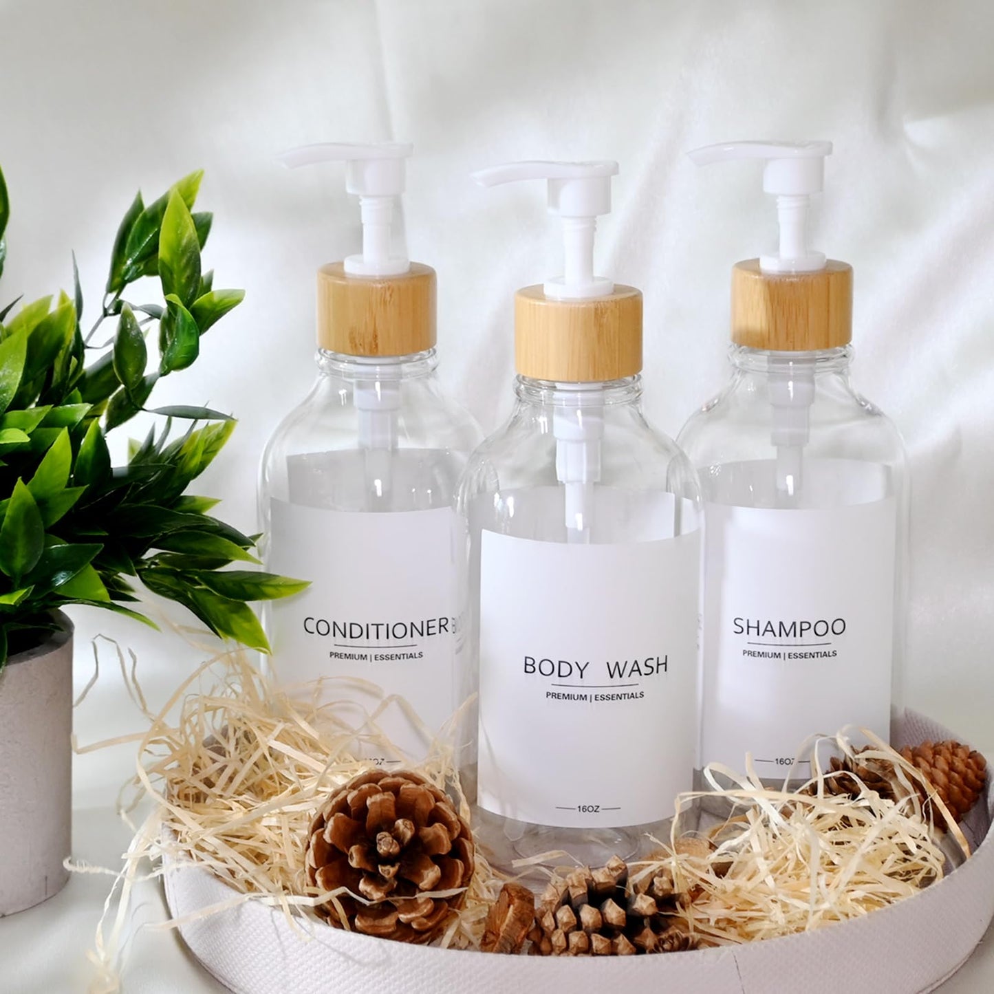 Gails Willing Shower Shampoo and Conditioner Bottles, Apothecary Dispenser Bamboo Pump, Refillable Bottles for Lotion Oil Hand Soap and Dish Soap, Plastic Set (3 Bottles 9 Labels) (3, Clear)
