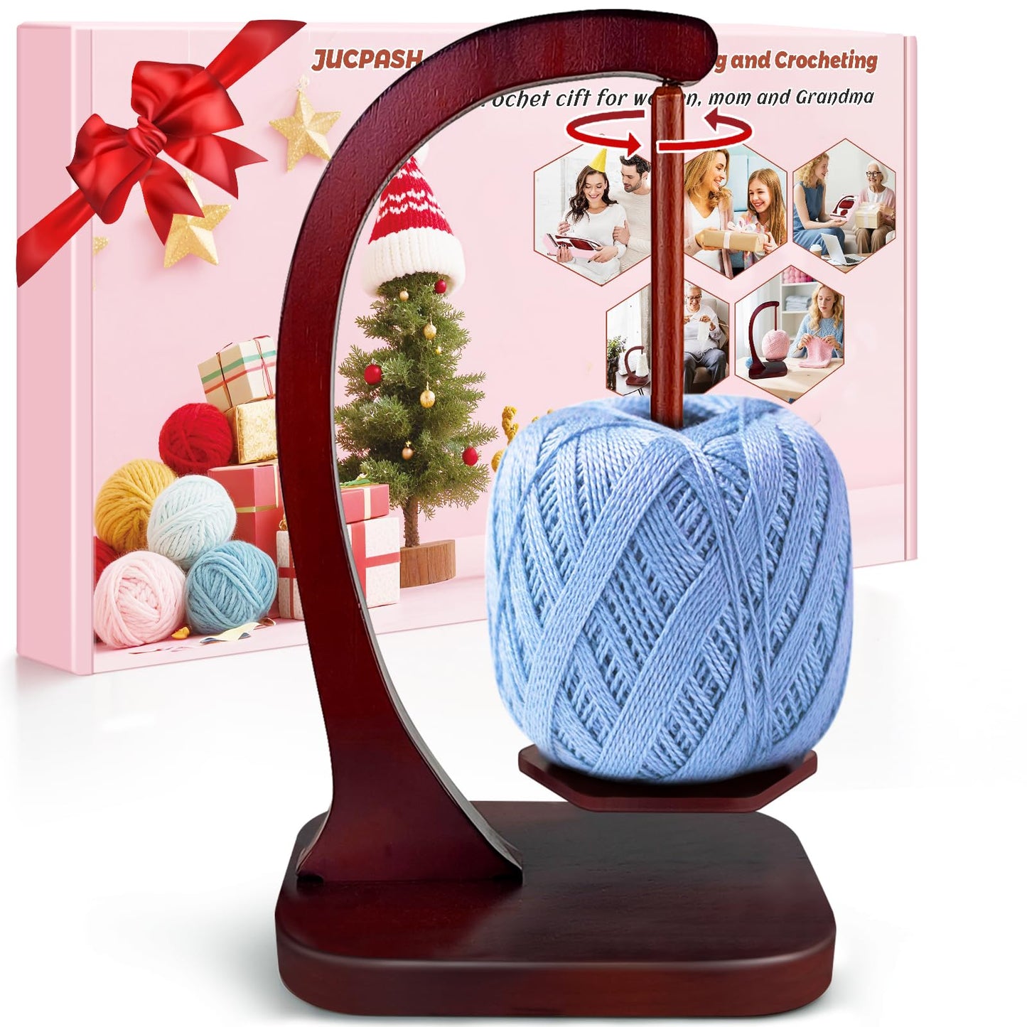JUCPASH Yarn Holder for Crocheting and Knitting, Wooden Yarn Spinner with Magnetic Rotating Mechanism and Anti-Slip Pads, Crochet Accessories Birthday Gifts for Women Mom Wife Grandma Mother (Brown)