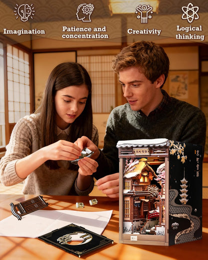 CUTEBEE Book Nook Kit - Japanese Style DIY Miniature Winter House, LED Light Bookshelf Decor Alley Dollhouse for Adults Teens, Gifts for Family (Kyoto Snow Whisper)