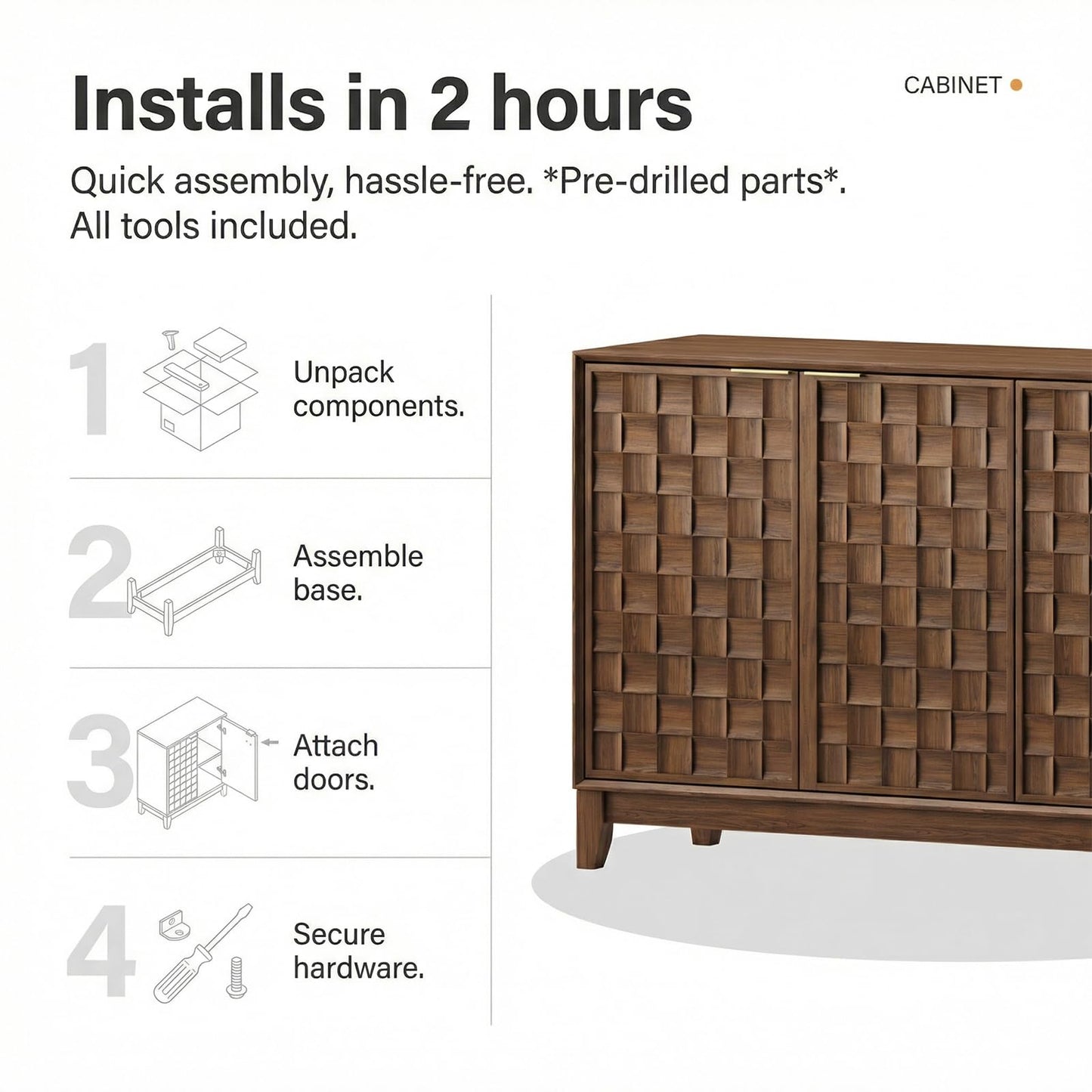 COLAMY 60" Sideboard Buffet Cabinet with Storage, Modern 3D Checkerboard Credenza with 4 Doors & Solid Wood Legs, Large Kitchen Coffee Bar Console Table for Dining Room, Living Room,Walnut Black