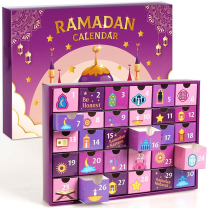 MOVINPE Ramdan Calendar with Drawers 2026 Ramadan Gifts for Kids, 30 Pre-Assembled Empty Boxes Eid Mubarak Coutdown Calendar Fillable Islamic Art Gift Box, Ramadan Party Supplies (Purple)