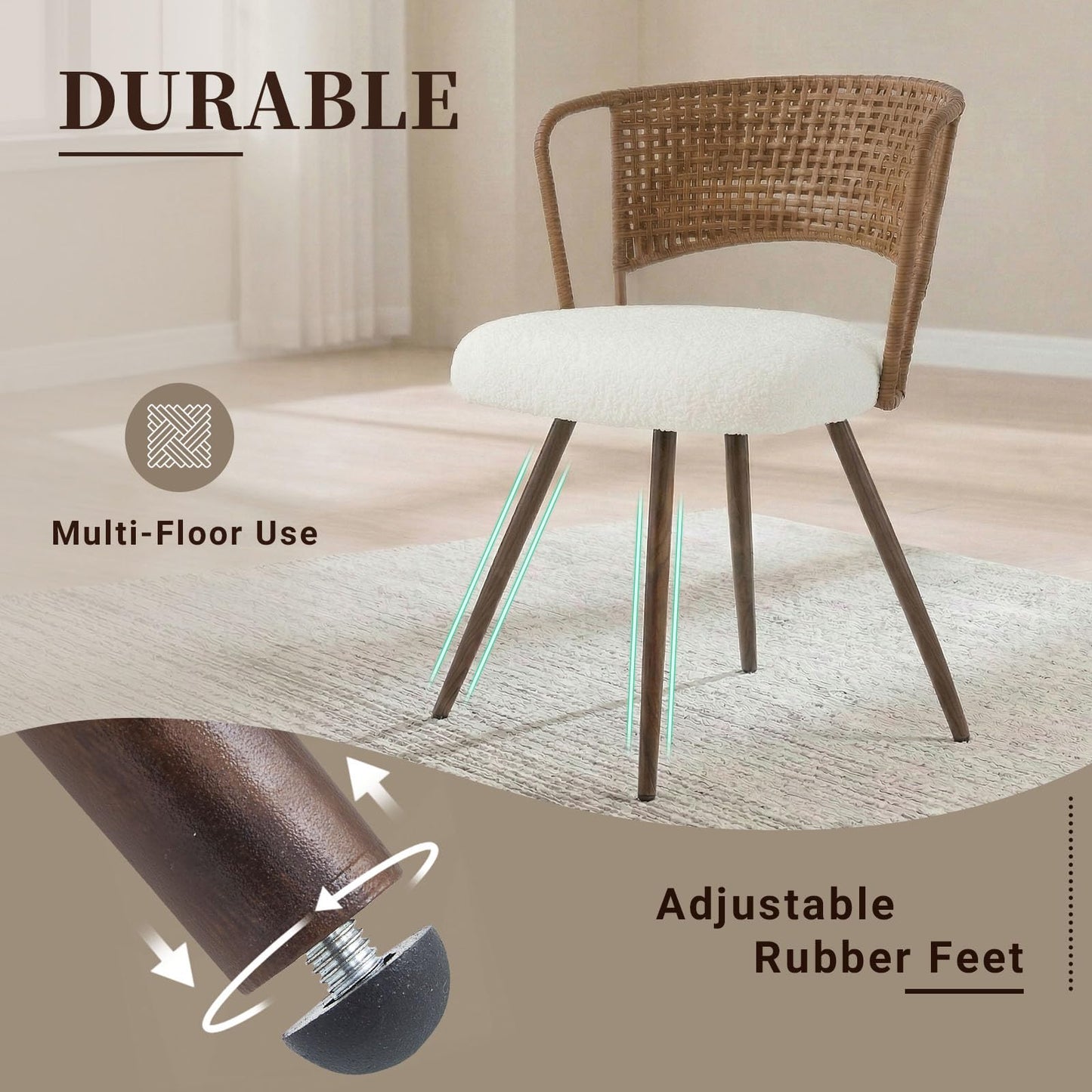 KEIKI Wicker Dining Chairs Set of 4, Farmhouse Cane Back Kitchen Chairs with Upholstered Cushion, Wingback Rattan Dining Chair with Metal Legs & Adjustable Feet, Modern Dining Room Chairs, Dark Brown