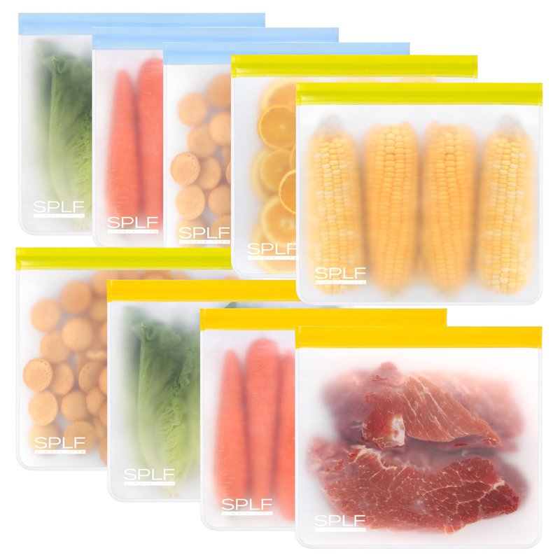 SPLF 9 Pack Reusable Gallon Freezer Bags Dishwasher Safe, BPA Free 1 gallon Leakproof Silicone and Plastic Free Food Storage Bags for Meal Prep, Fruits, Sandwich, Snack, Travel Items - Muticolor
