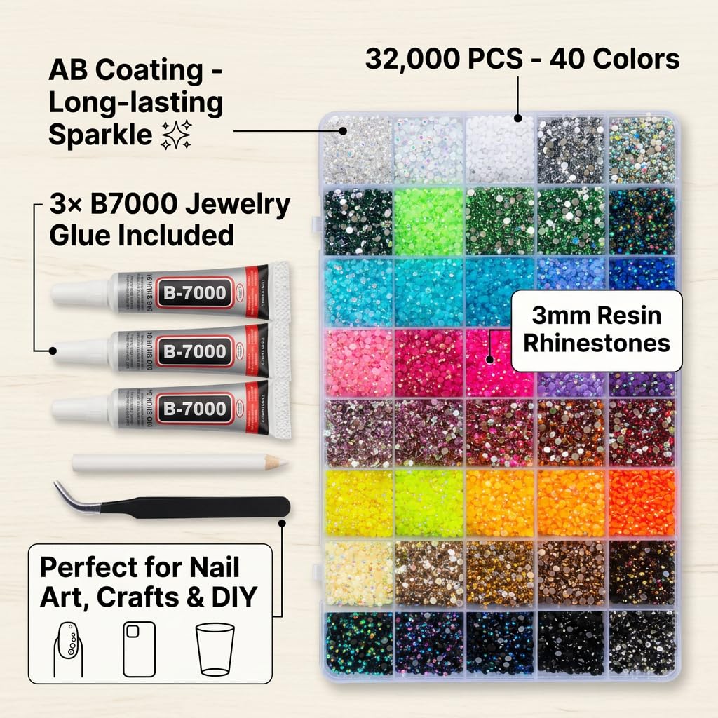 32000Pcs 40 Colors Resin Jelly Rhinestones for Bedazzling, 3mm Flatback Gems Kit for Crafting, Complete Bedazzle Kit for Clothes Shoes Nail Art with Glue and Tools