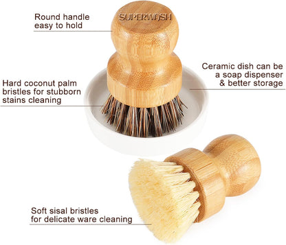 Bamboo Brush Dish Scrubber - Natural Bristles Palm Pot Brush, 2 Pack Round Mini Dish Brush for Kitchen Cleaning
