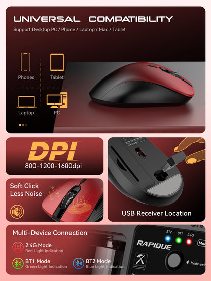 RAPIQUE Bluetooth Wireless Mouse - Dual Bluetooth & 2.4 GHz USB Receiver, Ergonomic Design, Quiet Clicks, Low Power - Multi-Device Compatibility for MacBook, Laptop, Computer, iPad Air/Pro (Pink)