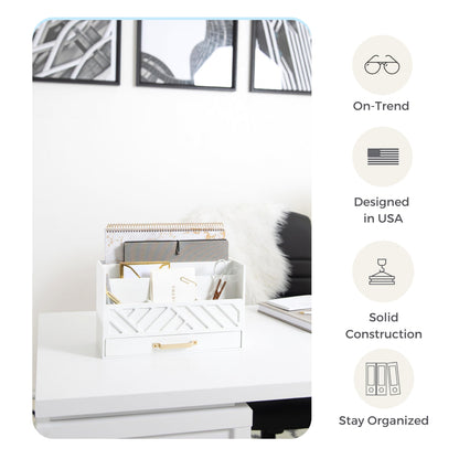 BLU MONACO | White Wooden Desk Organizer & Mail Organizer with Drawer & Gold Handle | Mail Sorter Countertop | 6 Compartments | White Desktop Organizer for Desk