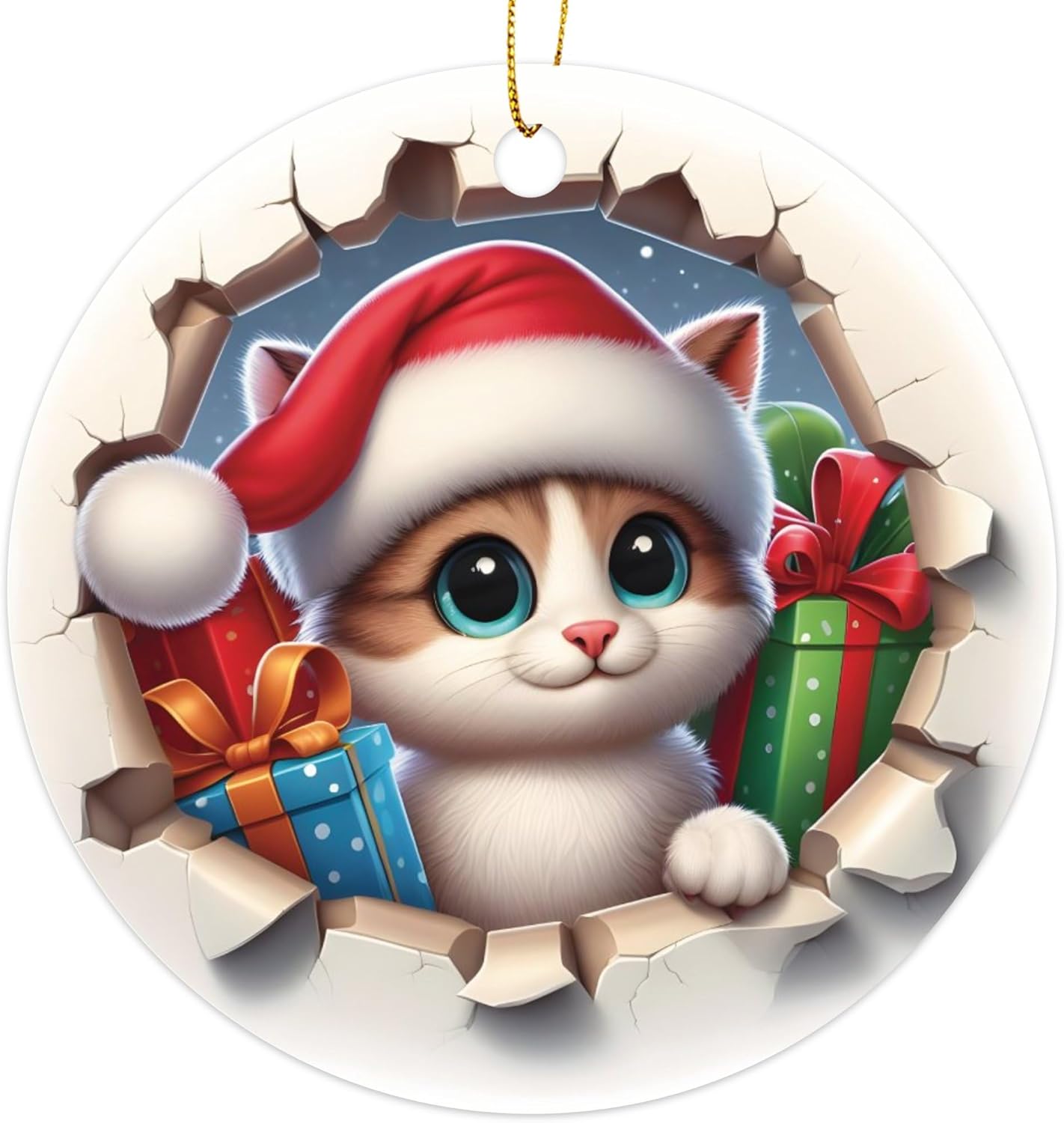3D Cute Cat in Santa Hat with Presents Christmas Ornament - Fun 2023 Xmas Tree Decoration - 3" Round PVC Ornament