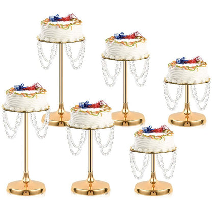 kolnlala Set of 6 Gold Round Pearl Cake Stand, Dessert Table Metal Cake Display Stand Set with Pearl Pendant Wedding Birthday Cake Base Stand for Wedding Anniversary Birthday Party Celebration