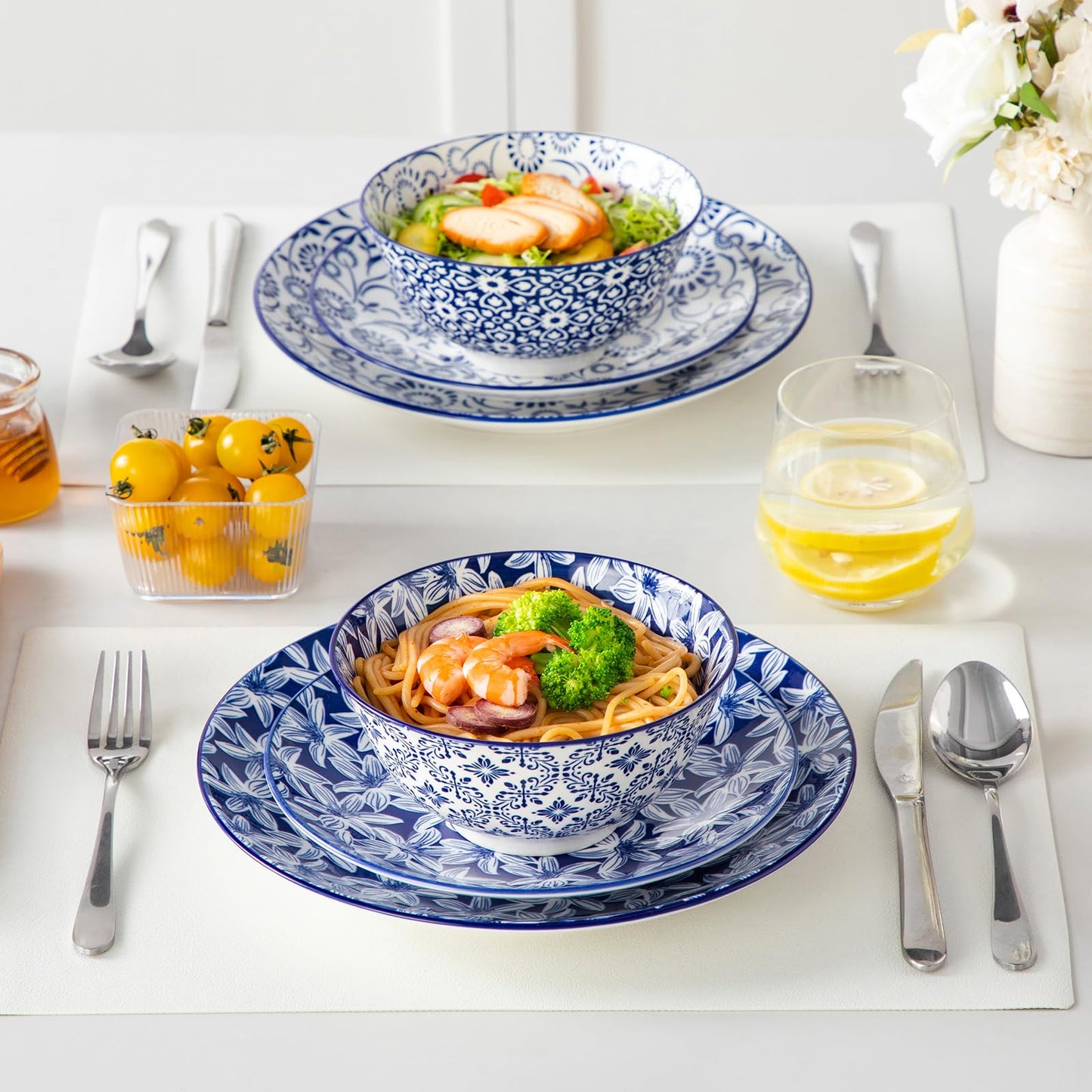vancasso SELENE 24 oz Cereal Bowls set of 6, Ceramic Soup Bowls for Kitchen, Dishwasher & Microwave Oven Safe- for Cereal, Soup, Pasta, Salad, Blue & White Floral Design Bowl Set