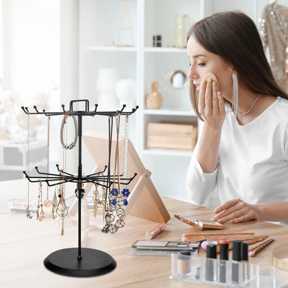 MyGift 2 Tier Black Metal Rotating Necklace tree stand for vendor & bracelet holder Jewelry Stand with 24 Hooks, Multipurpose Accessory and Keychain Spinning Display with Top Handle Card organizer