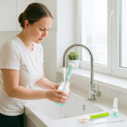 Baby Bottle Brush with One Base Hidden Nylon Nipple Cleaner, Stand Suction Cup,2 Pack Straw Brushes,1 Pack Sponge Nipple,1 Piece Replacement Head, Green