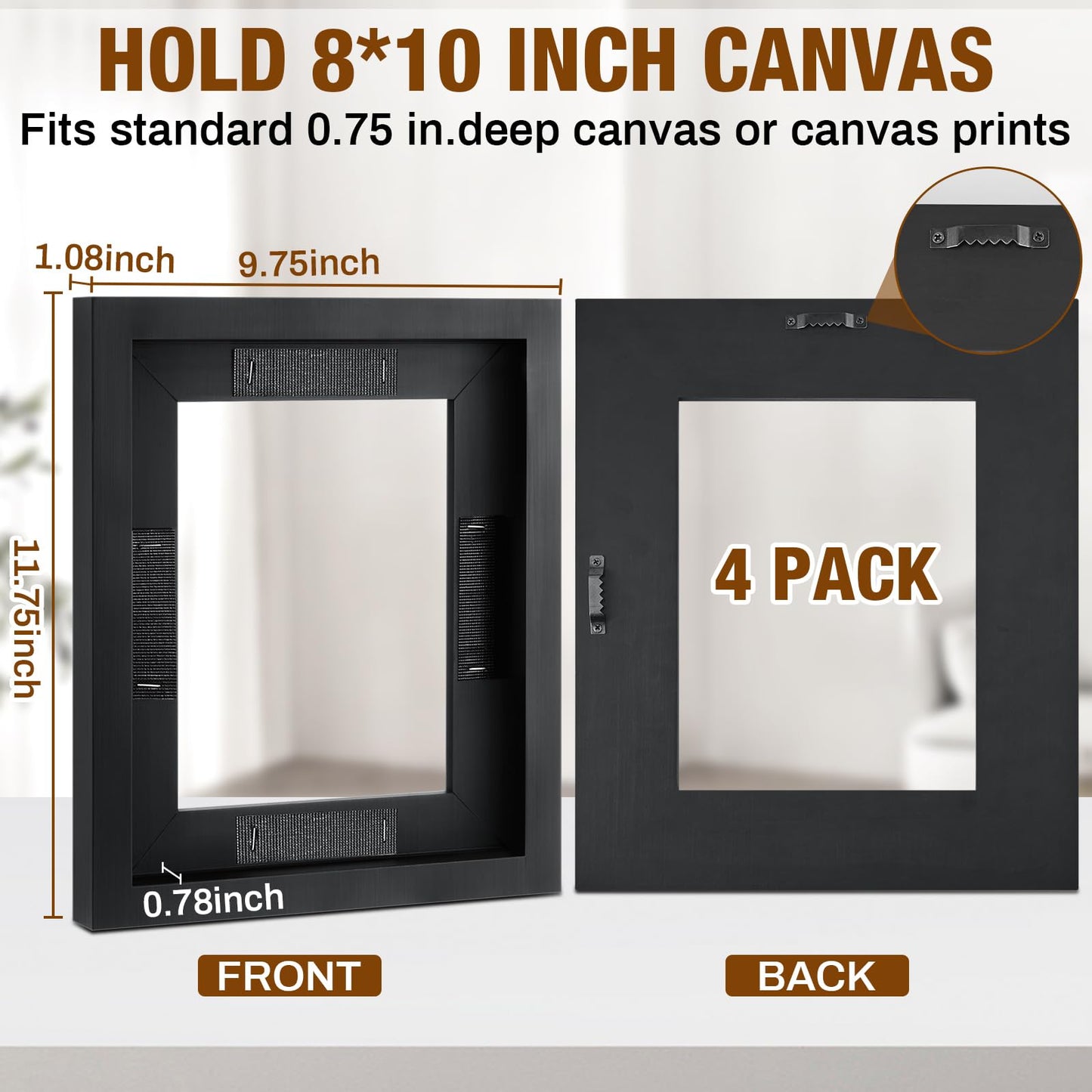 Qunclay 4 Pcs 8 x 10 Inch Canvas Floating Frame Black Floater Frames for Canvas Painting Wood Vertical and Horizontal Wall Hanging Frame with Adhesive Strips for Prints Oil Painting Diamond Decor