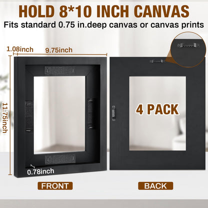 Qunclay 4 Pcs 8 x 10 Inch Canvas Floating Frame Black Floater Frames for Canvas Painting Wood Vertical and Horizontal Wall Hanging Frame with Adhesive Strips for Prints Oil Painting Diamond Decor