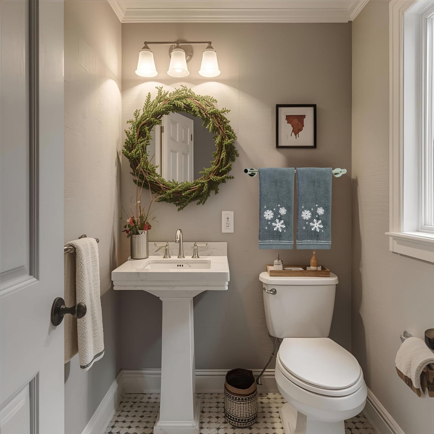 Serafina Home Christmas Hand Bathroom Towels, Set of 2, Embroidered Snowflakes and Stars, Dark Grey Velour Terry Cotton 16" x 25", Winter Holiday Decor for Kitchen or Bath