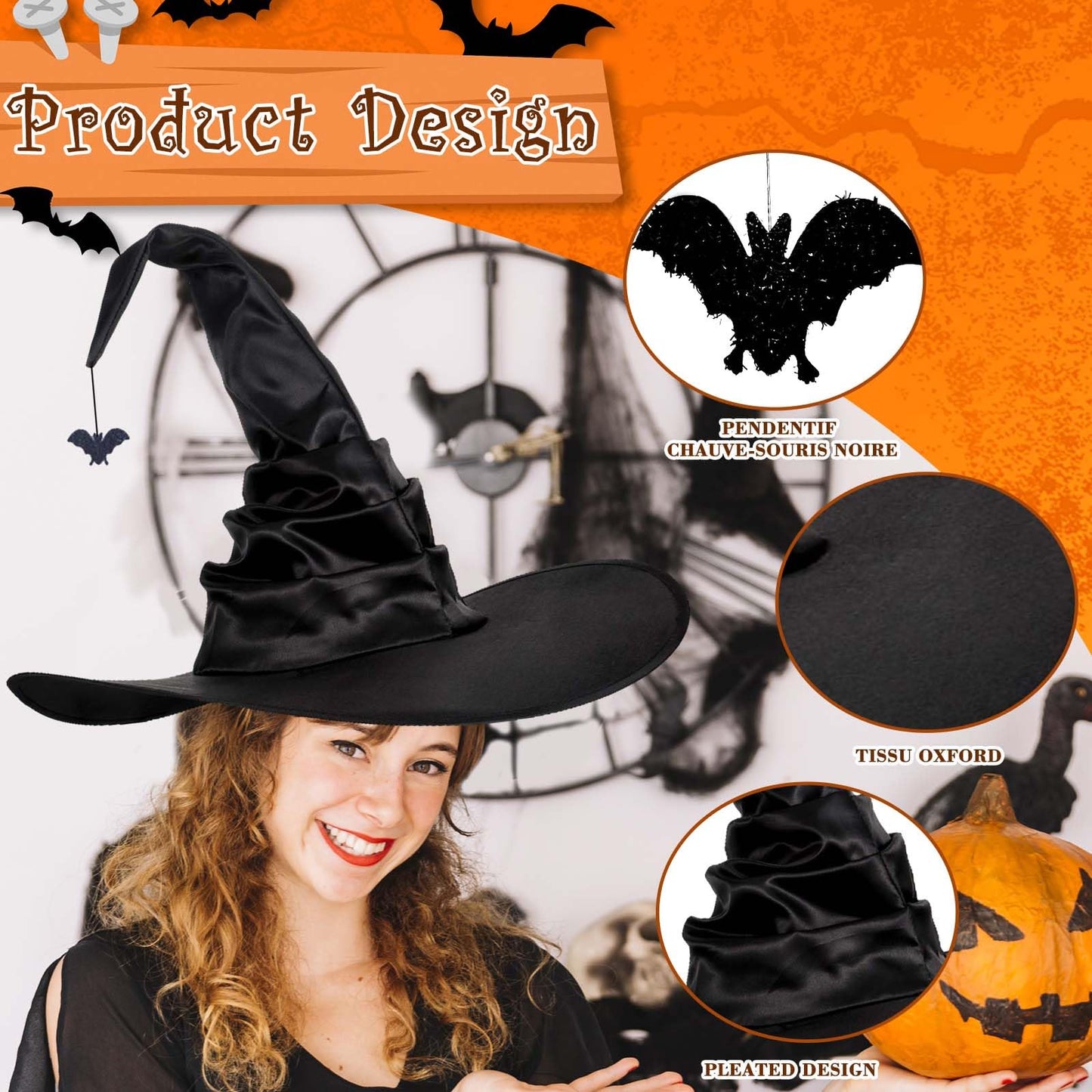 HATINXIA Witch Hat, 18 Inches Wicked Wizard Hat with Wide Brim, Halloween Cosplay Accessories for Adult Women Witch Costume Party Christmas Masquerade Carnivals, Black