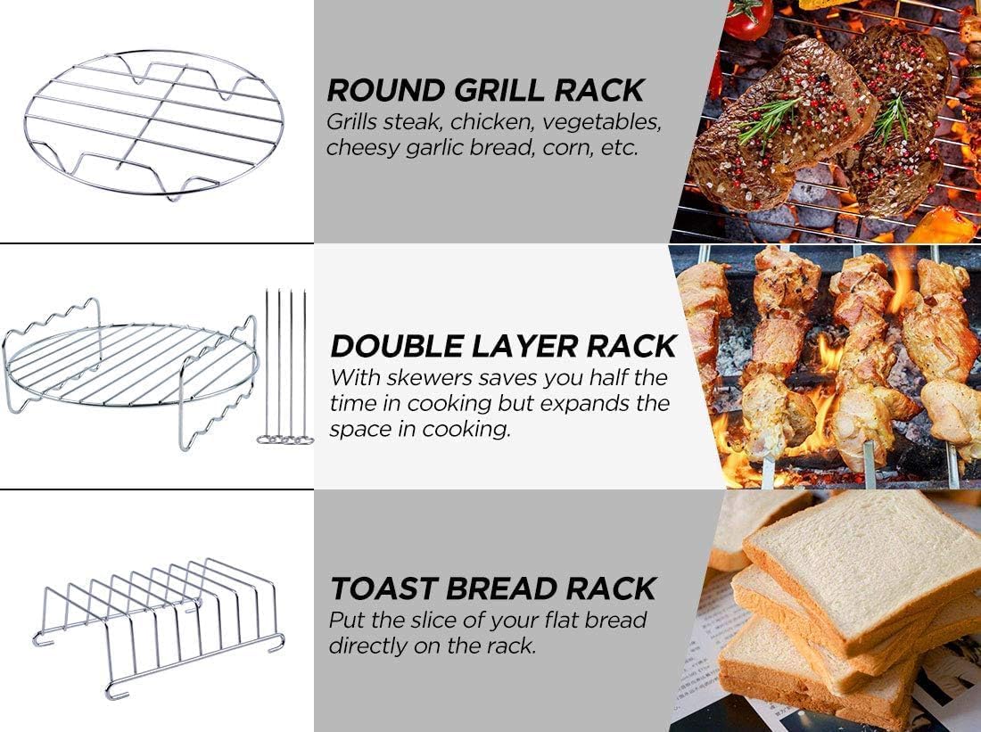 Air Fryer Accessories Set Fit for Gowise Gourmia Cozyna Ninja,Fit All 2.3qt-3.2qt Air Fryer,Kits with Skewers Silicone Mat,Pizza Pan,Cake Barrel,Non-Stick,Dishwasher Safe,Universal,6 Inch 10pcs,Black
