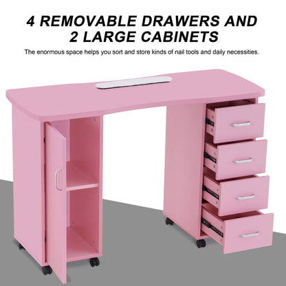 BarberPub Manicure Table, Acetone Resistant Nail Desk, Nail Table with 4 Drawers, 2 Cabinet, Lockable Wheels, Wrist Pad, Nail Desk for Nail Tech, Beauty Salon Pink 0611