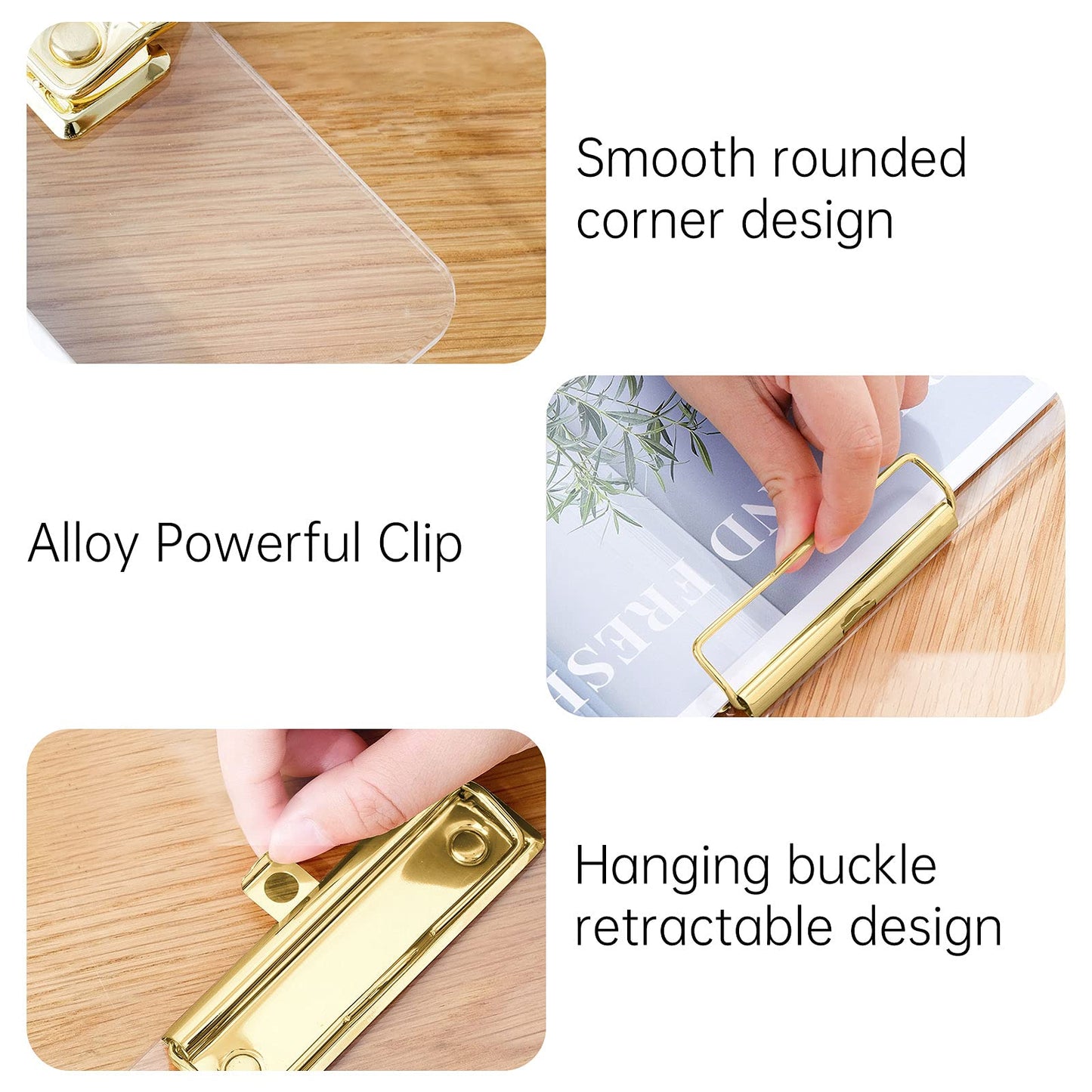 Moocci Thick Acrylic Clear Clipboards Cute Transparent Bulk Gold Clipboard with Strong Clip and Hidden Hanging Hole for A4 Paper, Art Student, Drawing, Office, School, Warehouse, Classroom, 9PC