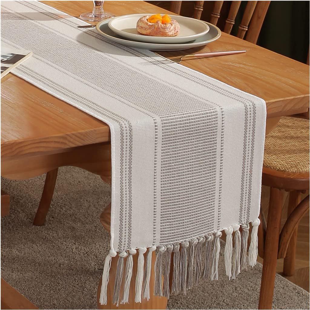 13 90 Inch Caflife Boho Table Runner Natural Stripe for Modern Farmhouse Coffee Table Decor, Rustic Woven Runner