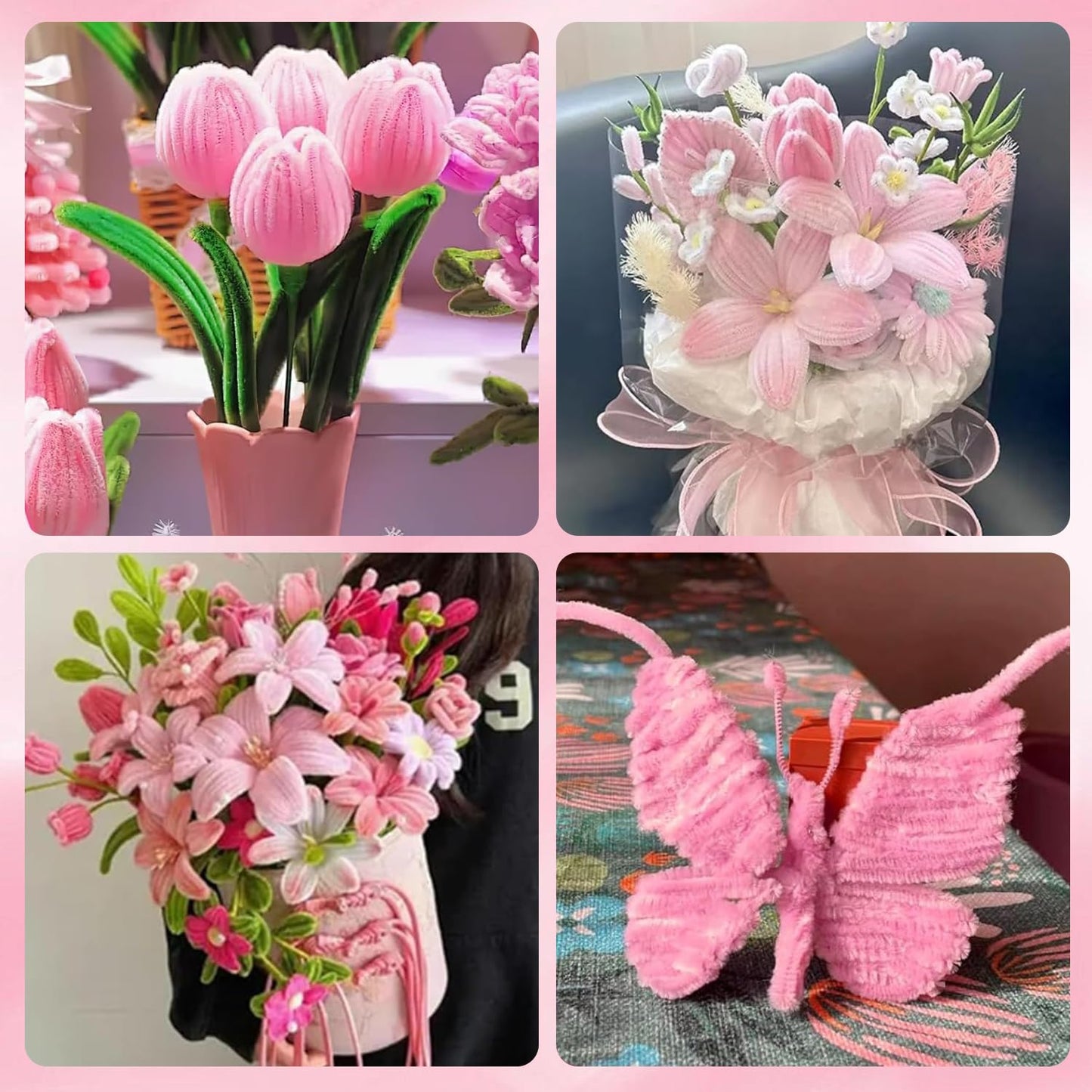 500 Pcs Pipe Cleaners Craft，Pipe Cleaner Bulk Flower Kit，6 Colors Chenille Stems Flower Kit for DIY Handmade Whit Ribbons，Stems,Tape，Stamens, Glue Sticks，Gift for Art Project Activity (Pink)