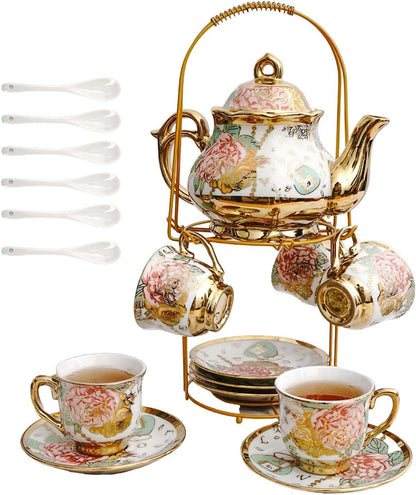 TEASFUSION 20 Set Set, Set Pieces European Vintage Ceramic Tea with Metal Cup Holder, Adult Tea Women's Afternoon Tea