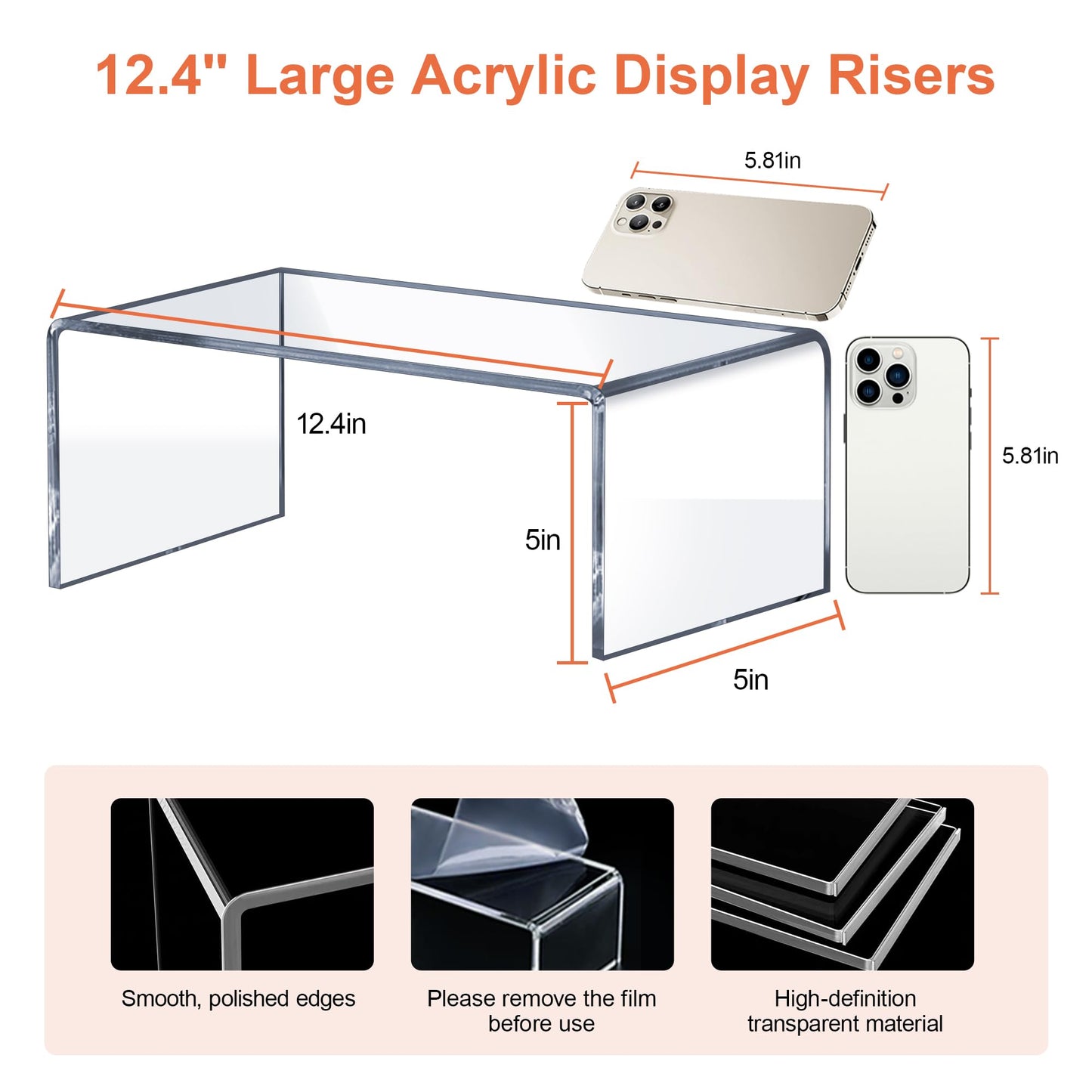 OVNTHYK Large Acrylic Risers 4 Pcs - 5mm Thick Clear Display Risers (12.4″ x 5″ x 5″) for Perfume Organizer, Collectibles, Figures, Jewelry & Retail Showcase