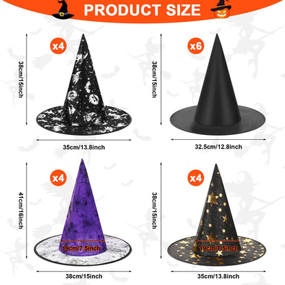 Jerify 18 Pieces Halloween Witch Hat 4 Different Designs Halloween' Party Wizard Hats Costumes Accessories Witch Party Costumes Decorations