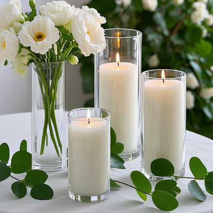 Homjoy 24 PCS White Pillar Candles with Glass Candle Holders Clear Hurricane Candle Holders Glass Cylinder Vases for Centerpieces Wedding Party, Event, Home Office (12 Candles+12 Candle Hoders)