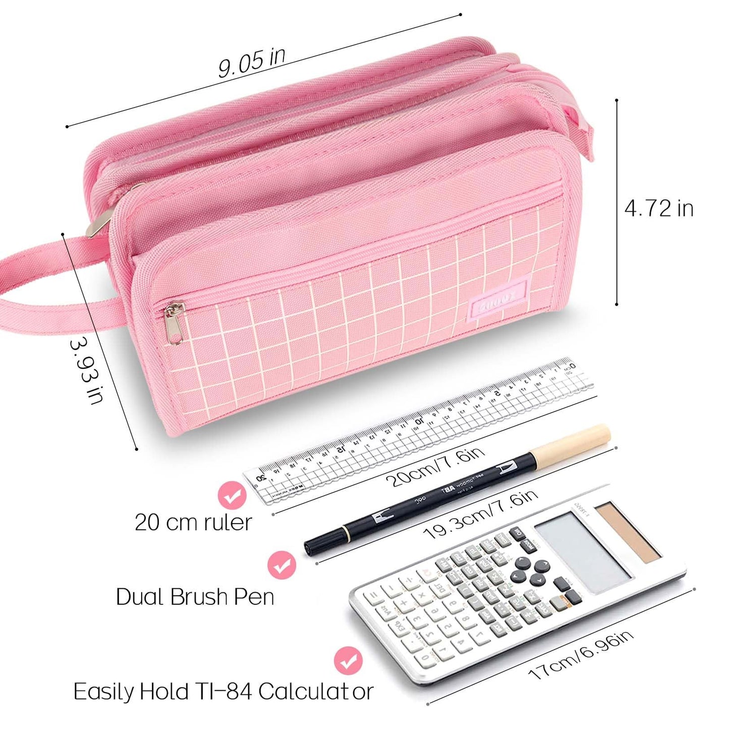 Sooez Large Pencil Case, Big Capacity Pencil Pouch Pen Bag with 3 Compartment, Portable Canvas Stationery Organizer with Zipper, Cute Aesthetic School Supplies for Teen Girls College, Black with Plaid