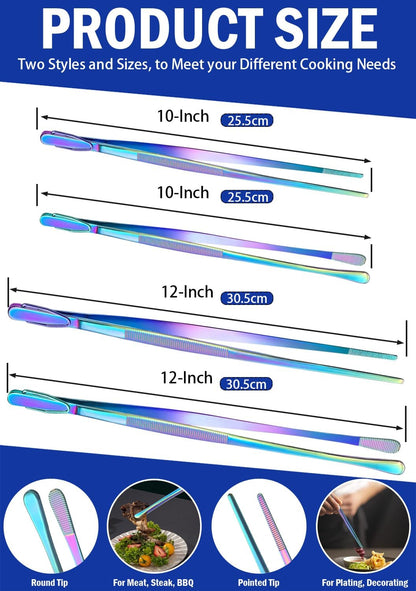 JETKONG 4 Pcs Kitchen Tweezers Set, 12'' and 10'' Stainless Steel Cooking Tweezers for BBQ and Seafood