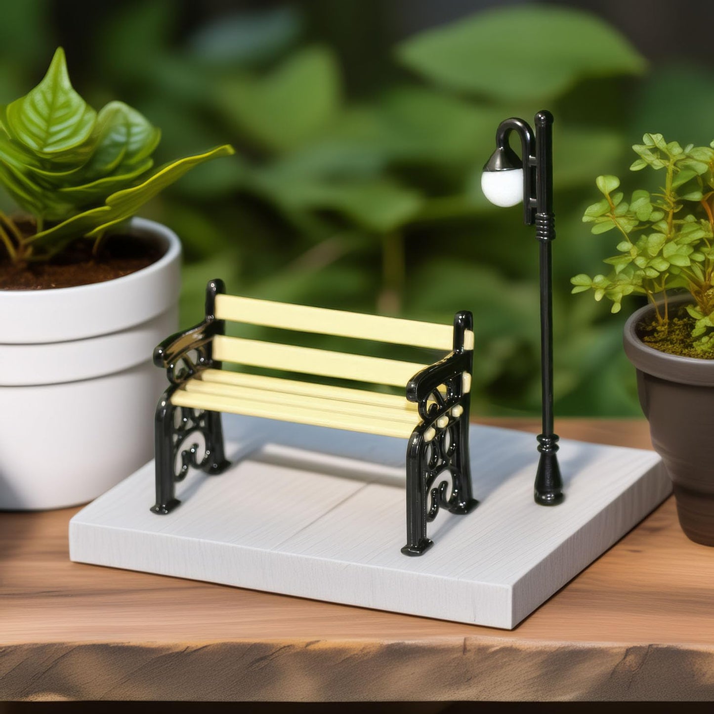 Miniature Lamppost & Bench Set (1:24 Scale): Metal & Wood Outdoor Scene Accessories for Dollhouse Garden, Park Decor, Adult Collector