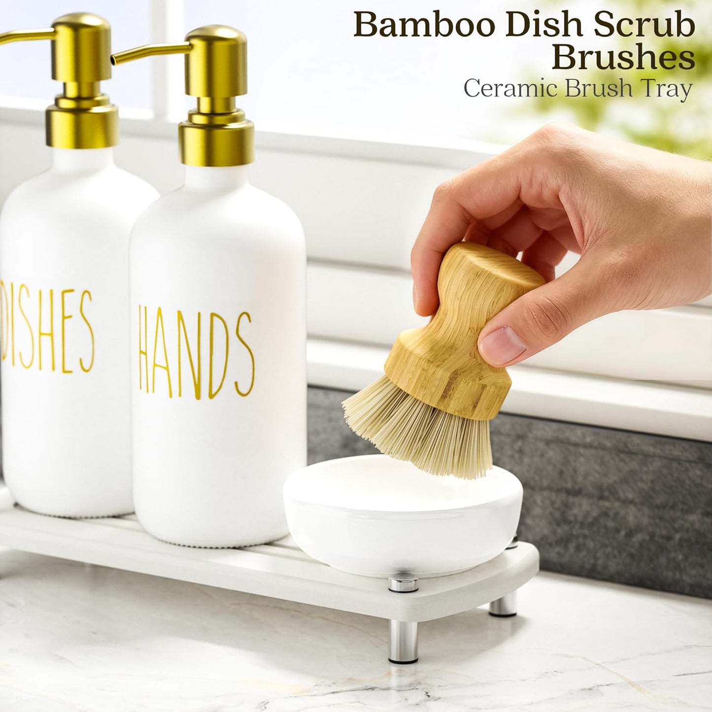 galasily Set Set Gold Soap Dispenser Comes with Stainless Steel Pumps, Instant Dry Tray, and Dish Scrub Brush, Kitchen