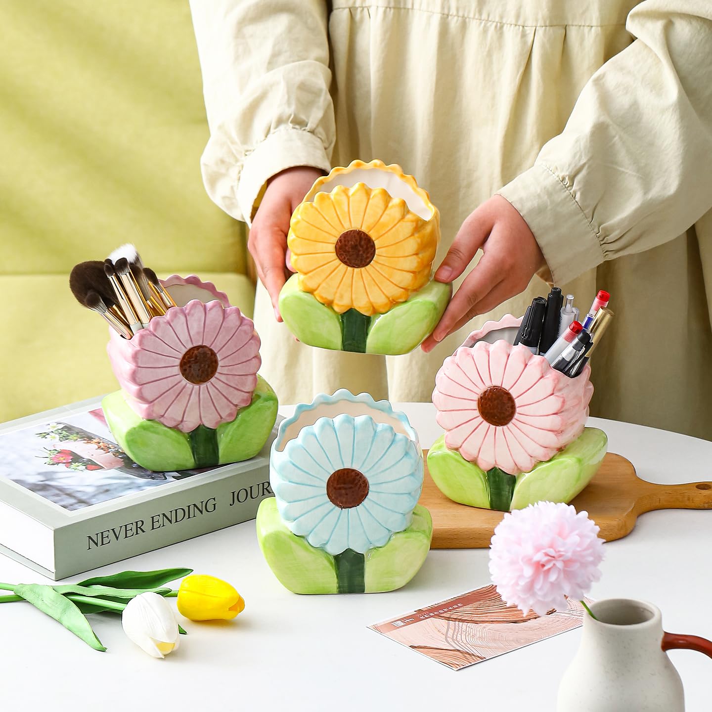 Ceramic Flower Makeup Brush Holder for Women Girls, Cute Pen Pencil Cup Pot for Desk Organizer, Bathroom Toothbrush Holder Home Office Decor (Yellow Sunflower)
