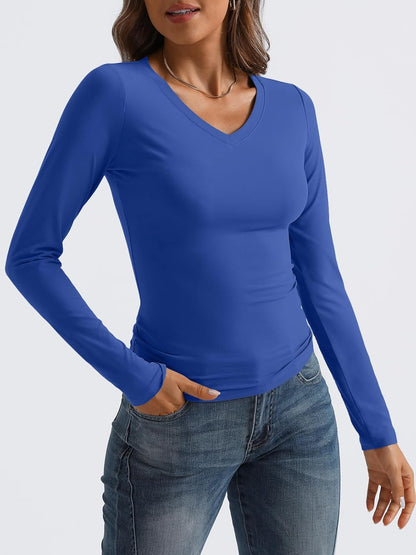 Trendy Queen Long Sleeve Shirts for Women 2025 Fall Fashion V Neck Basics Crop Tops Slim Fitted Y2K Tops Outfits Clothes
