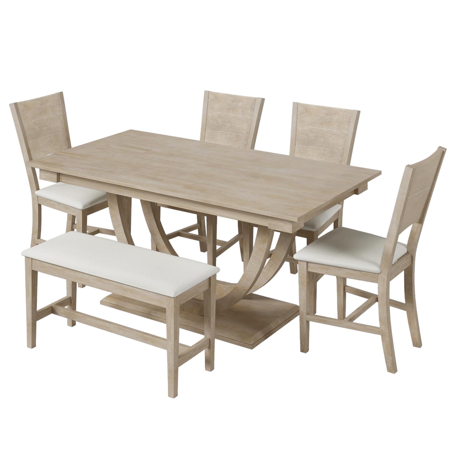 Merax 6-Piece Wood Half Round Dining Table Set Kitchen Table Set with Long Bench and 4 Dining Chairs,Modern Style,Natural